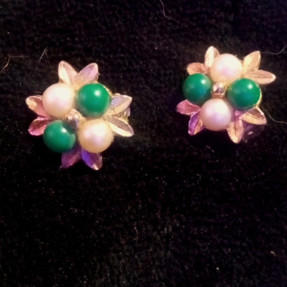 Vintage Celebrity Clip On Earrings, Gold Tone with Green and White Beads
